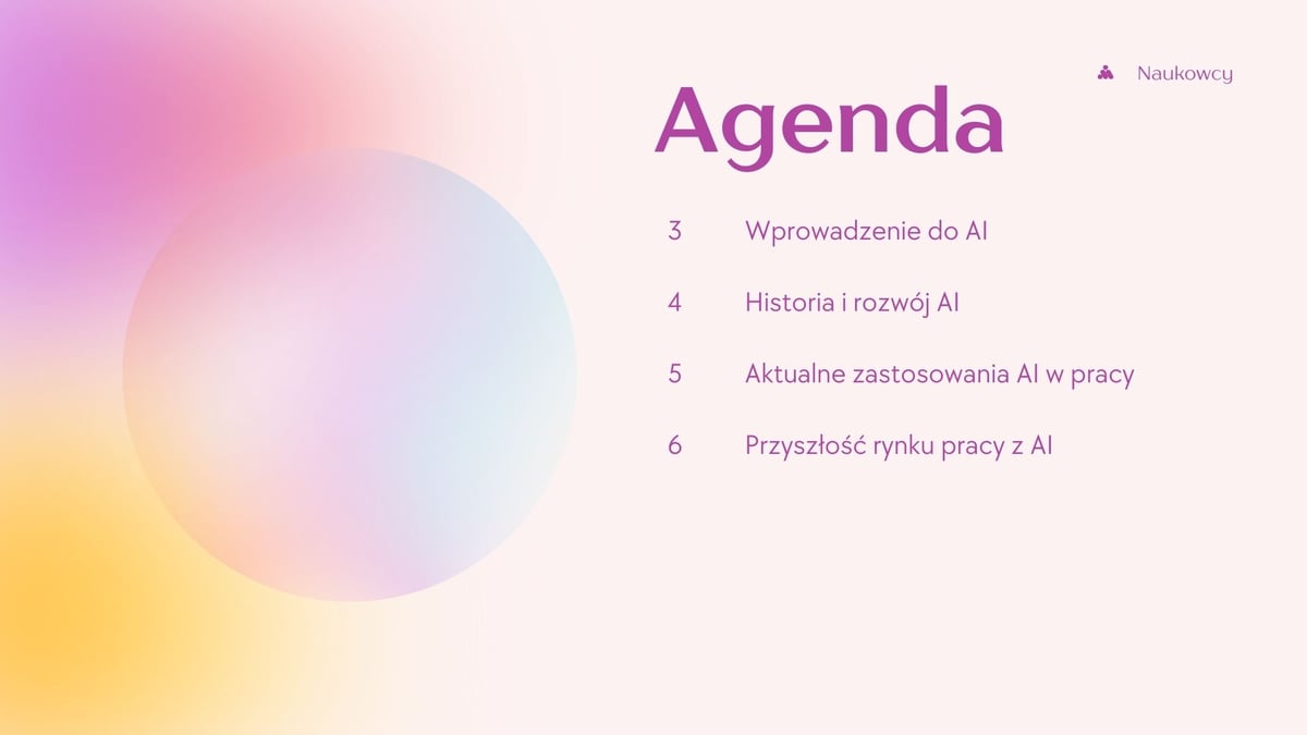 Wygenerowany slide 2 przez AI dla Omów wpływ sztucznej inteligencji na przyszłość pracy.